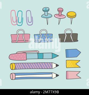 Paper clips and pens doodle vector set Stock Vector