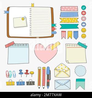 Note papers and office supplies doodle vector set Stock Vector