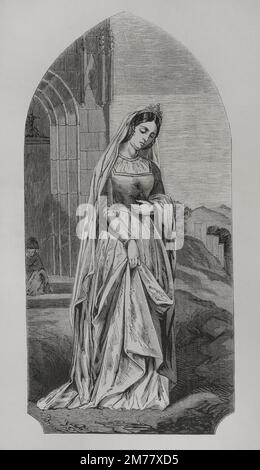St. Elizabeth of Hungary or St. Elizabeth of Thuringia (1207-1231). Princes of the Kingdom of Hungary. Daugther of King Andrew II of Hungary. Portrait. Engraving. 'Los Héroes y las Grandezas de la Tierra' (The Heroes and the Grandeurs of the Earth). Volume VI. 1856. Stock Photo