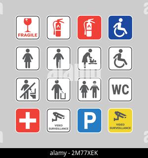 Wc, toilet and fire extinguisher colorful vector sticker and sign set. Public restroom, medical kit and parking stickers and signs. Stock Vector