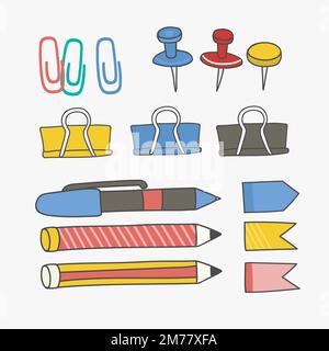 Paper clips and pens doodle vector set Stock Vector