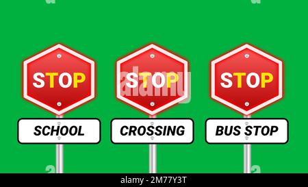 Stop school, crossing and bus stop traffic signal illustration on green screen. Stock Photo
