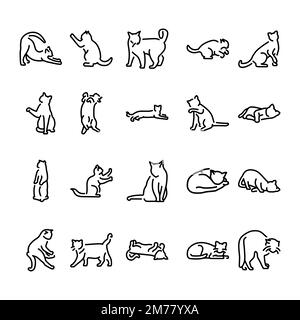Different poses of cats line icons set. Isolated vector element. Stock Vector