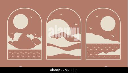 Vector boho mountain emblem set. Modern minimal linear badges with landscapes. Stock Vector