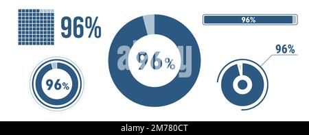 96 percent loading data icon set. Ninety-six circle diagram, pie donut chart, progress bar. 96% percentage infographic. Vector concept collection, blu Stock Vector