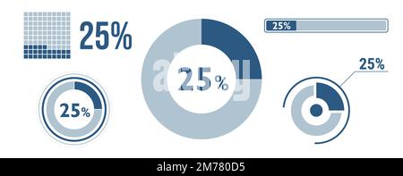 25 percent loading data icon set. Twenty-five circle diagram, pie donut chart, progress bar. 25% percentage infographic. Vector concept collection, bl Stock Vector