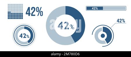 42 percent loading data icon set. Forty-two circle diagram, pie donut chart, progress bar. 42% percentage infographic. Vector concept collection, blue Stock Vector