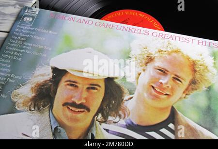 Viersen, Germany - November 9. 2022: Closeup of isolated vinyl record cover with Simon and Garfunkel hit songs Stock Photo