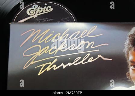 Viersen, Germany - November 9. 2022: Closeup of isolated vinyl record number one album cover Thriller from singer Michael Jackson Stock Photo