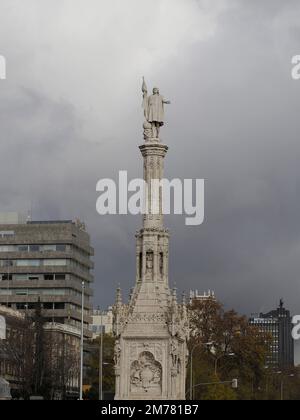 Columbus square with Monument to Christopher Columbus. Plaza de Colon is located in the encounter of Chamberi, Centro and Salamanca districts of Madri Stock Photo