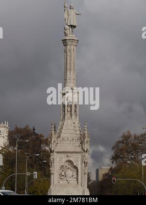 Columbus square with Monument to Christopher Columbus. Plaza de Colon is located in the encounter of Chamberi, Centro and Salamanca districts of Madri Stock Photo