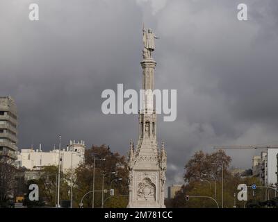 Columbus square with Monument to Christopher Columbus. Plaza de Colon is located in the encounter of Chamberi, Centro and Salamanca districts of Madri Stock Photo