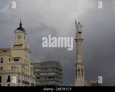 Columbus square with Monument to Christopher Columbus. Plaza de Colon is located in the encounter of Chamberi, Centro and Salamanca districts of Madri Stock Photo