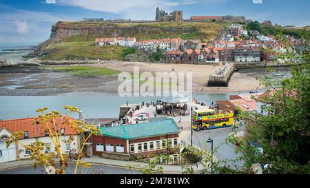 The view of Tate Pier & Beach and the Abbey from West Cliff Stock Photo