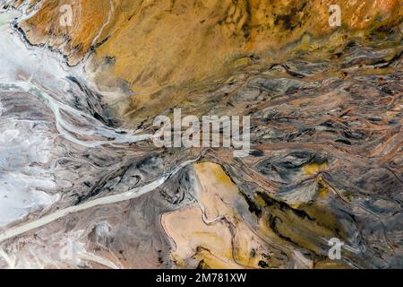 Aerial view of the famous red mud disaster site, abstract lines, surreal landscape, icelandic feeling. Stock Photo