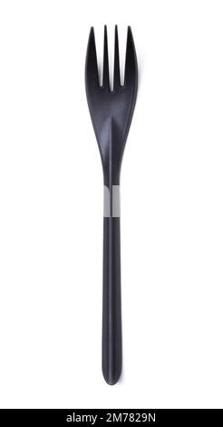 Black plastic fork closeup isolated on white. View from above Stock Photo