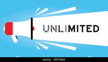Color megaphone icon with word unlimited in white banner on blue background Stock Vector