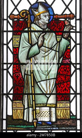 Stained Glass Window Depicting St Kentigern a.k.a. St Mungo - St Hilary's Church Wallasey, Wirral, UK Stock Photo