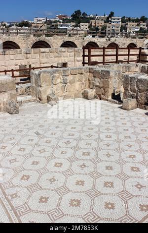 Restored mosaic floor of the Byzantine Church of Marianos (AD 570 -749), Jerash, Jordan Stock Photo