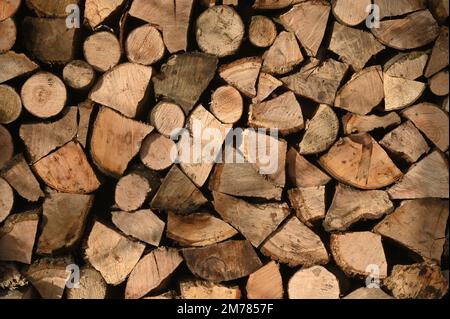 Stack of cut firewood logs arranged for storage and heating Stock Photo
