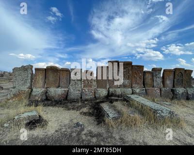 The ancient khachkars in the historical cemetery of Noratus in Armenia Stock Photo