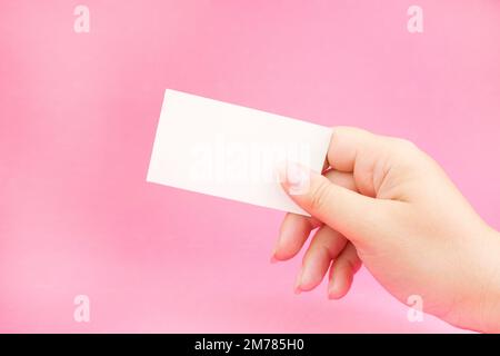 White business card sheet in hand on a pink background. A hand holds a business card. Business concept. Stock Photo