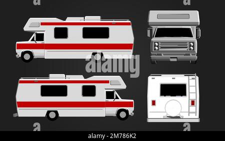Fire truck vector mock-up. Isolated template of red lorry on white. Vehicle branding mockup. Side, front, back, top view. All elements in the groups o Stock Vector