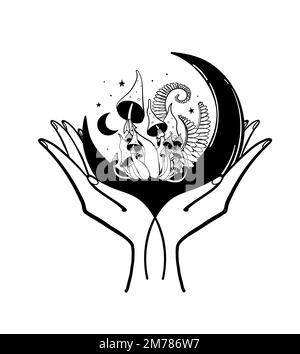 Mushroom microdosing concept, two hands hold the moon with mystical mushrooms. Esoteric line tattoo, forest composition in boho style with pagans and Stock Vector