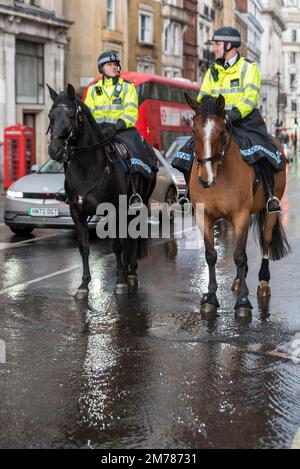 Whitehall, Westminster, London, UK. 8th Jan, 2023. Heavy rain has hit the tourist areas of Westminster with a few people out on the streets. The Metropolitan Police are patrolling on horseback in a flooded Whitehall despite the weather. Stock Photo