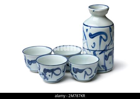 Traditional ceramic Chinese sake set close up isolated on white background Stock Photo