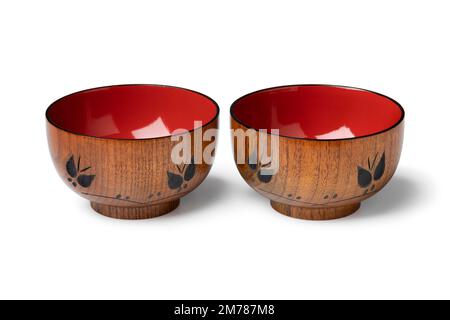 Pair of Japanese decorated small soup bowls isolated  on white background Stock Photo