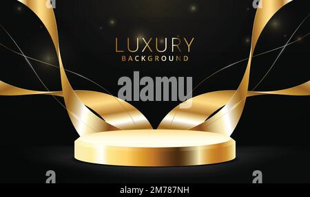 Black luxury background with gold podium and curve effect design. Stock Vector
