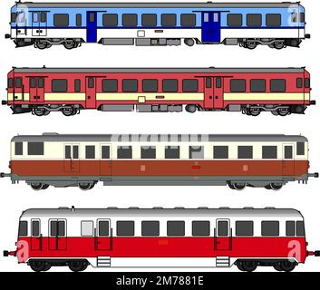 Vector Illustration: set procession Ancient train include Old steam locomotive and compartment railroad tracks isolated on white background. Stock Vector