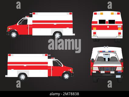 Fire truck vector mock-up. Isolated template of red lorry on white. Vehicle branding mockup. Side, front, back, top view. All elements in the groups o Stock Vector
