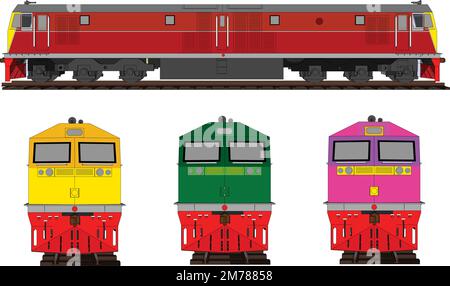 Vector Illustration: set procession Ancient train include Old steam locomotive and compartment railroad tracks isolated on white background. Stock Vector