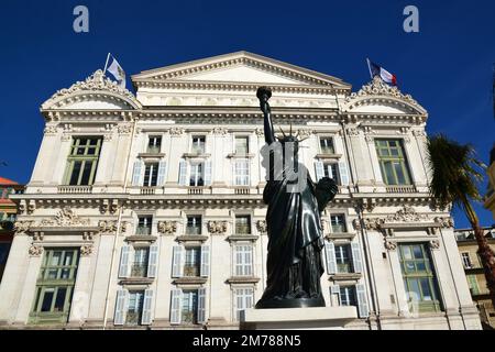 France, french riviera, Nice city, original work of the staue of liberty from Coubertin foundry signed by A. Bartoli before the facade of the Opéra. Stock Photo