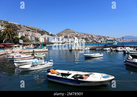 Summer view of the fishermans harbour, Saranda Town, Saranda District, Southern Albania, Europe Stock Photo