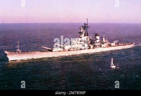 USS New Jersey (BB-62) is an Iowa-class battleship, and was the second ship of the United States Navy to be named after the US state of New Jersey. She was often referred to fondly as 'Big J'. New Jersey earned more battle stars for combat actions than the other three completed Iowa-class battleships, and was the only US battleship providing gunfire support during the Vietnam War. Stock Photo