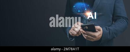 Businessman holding mobile phone digital assistant conversation for provide access to data growth of business in online network, Robot application and Stock Photo