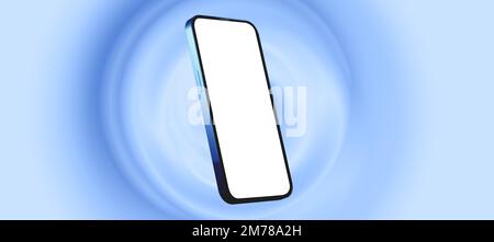 Cellphone mockup in rotated position. position. blue cell phone frame with blank white screen for design. smartphone frameless blue color with blank s Stock Photo