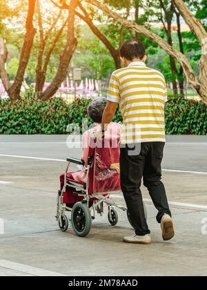 Back view of Asian elderly man walking with disabled elderly woman sitting in wheelchair outdoors wearing medical masks. Man pushes old lady in wheelc Stock Photo
