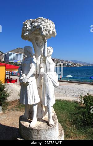 Statue on the promenade, Saranda Town, Saranda District, Southern Albania, Europe Stock Photo