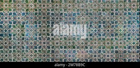 The texture of the ceramic tiles in the oriental style. Turkish ceramic tiles lined up on the wall. Stock Photo