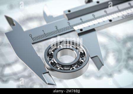 Bearings with trammel on technical drawing background. Engineering, industrial and production concept. 3d illustration Stock Photo