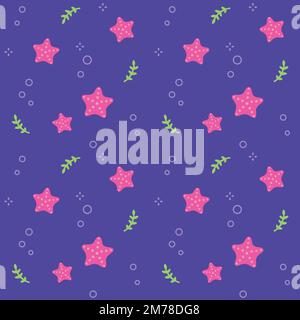 Seamless pattern with starfish and underwater doodles. Cute cartoon ocean background. Simple vector illustration. Stock Vector