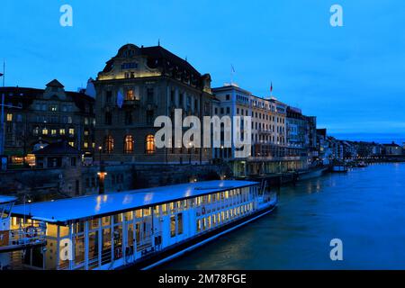 River cruise ship by the Mittlere Brücke bridge, river Rhine, city of Basel, Canton Basel Stadt, Switzerland, Europe Stock Photo