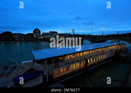 River cruise ship by the Mittlere Brücke bridge, river Rhine, city of Basel, Canton Basel Stadt, Switzerland, Europe Stock Photo