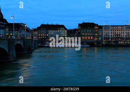 River cruise ship by the Mittlere Brücke bridge, river Rhine, city of Basel, Canton Basel Stadt, Switzerland, Europe Stock Photo