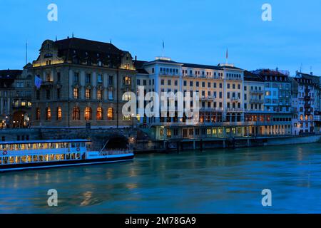 River cruise ship by the Mittlere Brücke bridge, river Rhine, city of Basel, Canton Basel Stadt, Switzerland, Europe Stock Photo