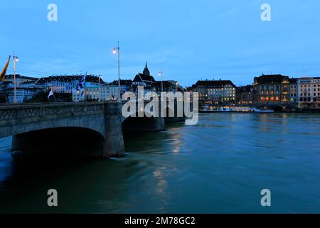 River cruise ship by the Mittlere Brücke bridge, river Rhine, city of Basel, Canton Basel Stadt, Switzerland, Europe Stock Photo